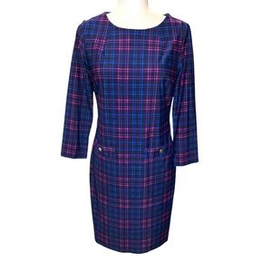 Jude Connally Sabine Blue Pink Plaid Print Gold Button Mini Dress - S